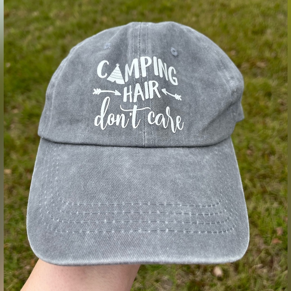 NWOT Unbranded Camping Hair Don’t Care Baseball Hat